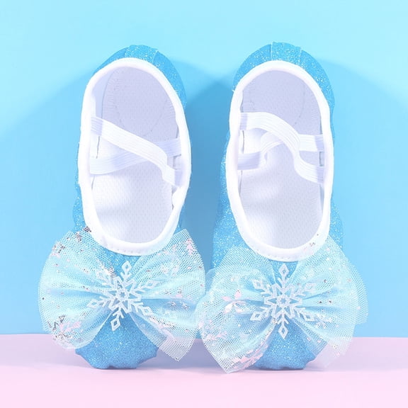 Elastic Glitter Ballet Shoes for Kids, Non-slip Split-sole Dance Slippers with Snowflake Bow Decoration Blue 23