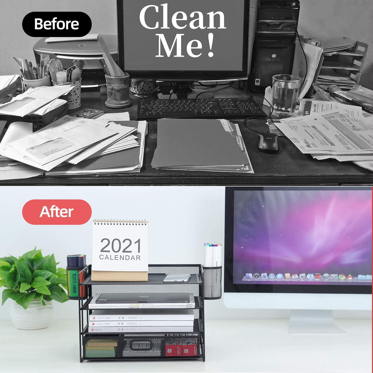 Marbrasse 4-Tier Desk Organizer with Drawer – Multi-Functional Desktop File Holder with Pen & Pencil Cup, Letter Tray Organizer for Office Supplies, Black Metal File Organizer for Home and Office