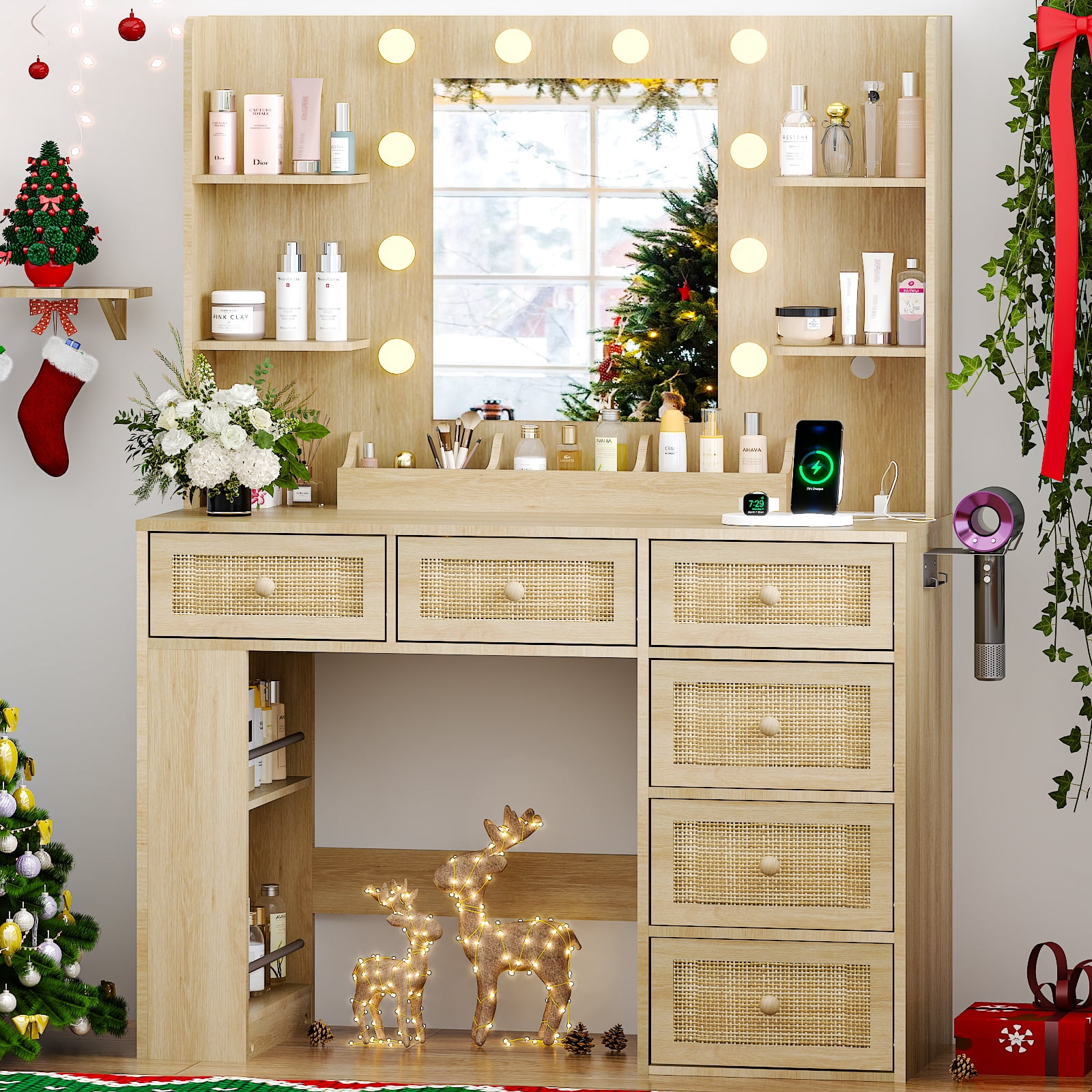 Ktaxon Lighted Makeup Vanity with 6 Drawers, Get Ready with Me Vanity Table Set w/ Charging Station, Side Rack, Wood Color