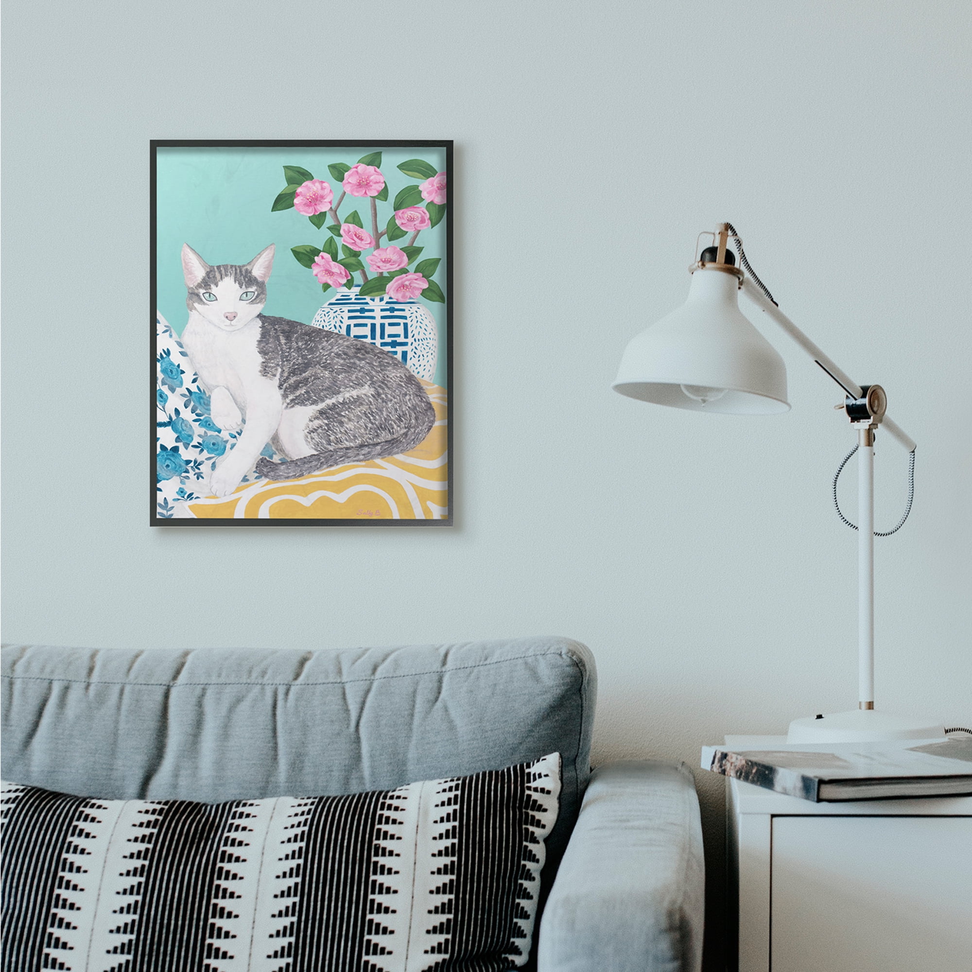 Stupell Industries Cat With Cushion And Vase Pastel Animal Painting Framed Wall Art by Sally B, 24" x 30", Black Framed