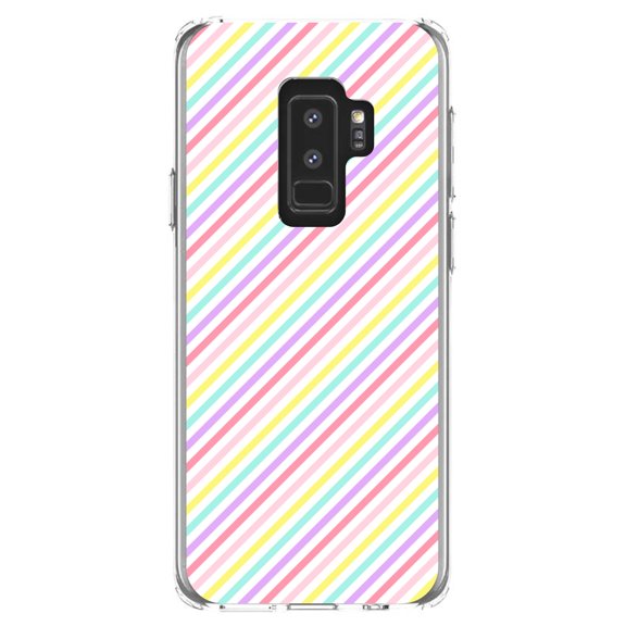 DistinctInk Clear Shockproof Hybrid Case for Samsung Galaxy S9  PLUS (6.2" Screen) - TPU Bumper, Acrylic Back, Tempered Glass Screen Protector - Rainbow Diagonal Stripes Pattern