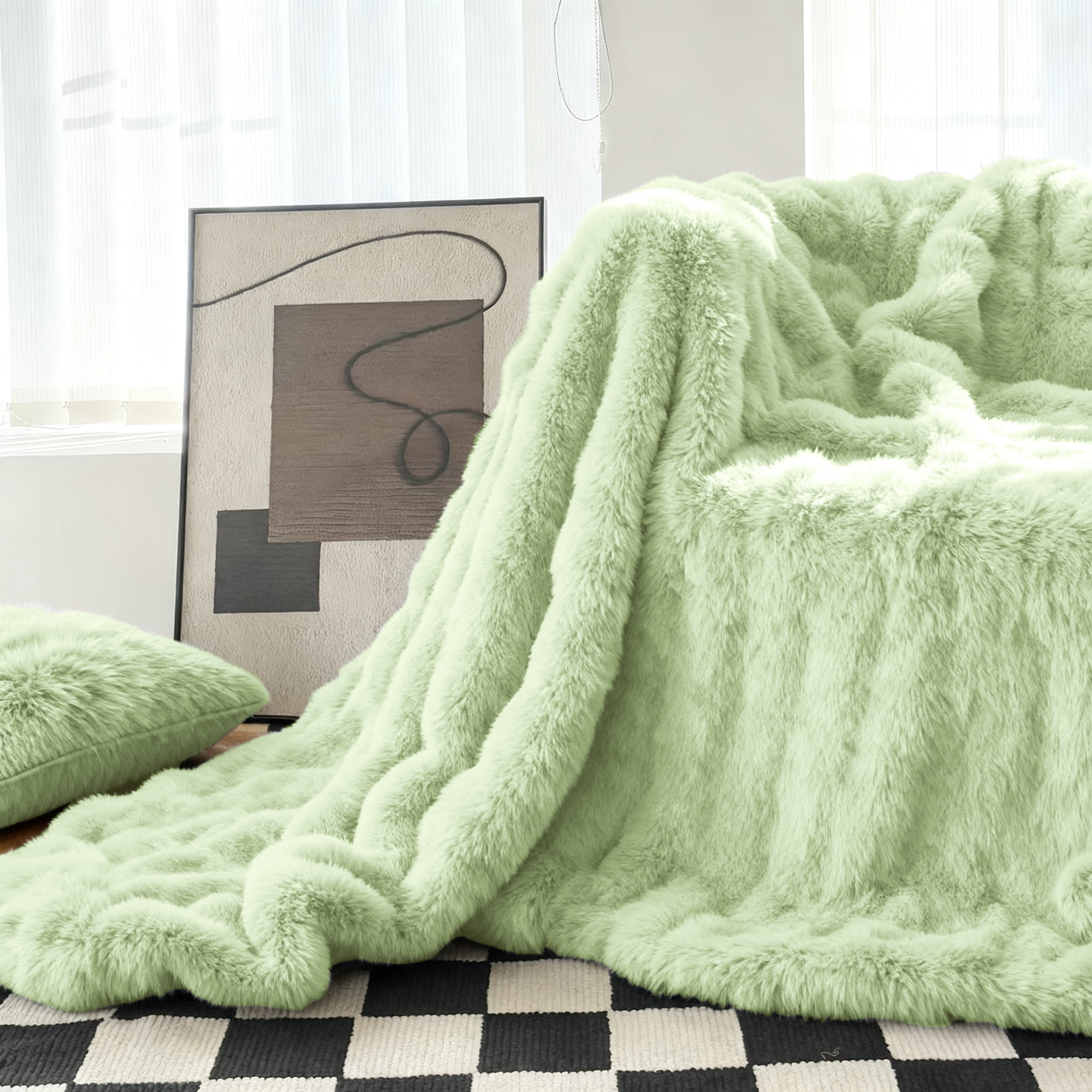 Sanmadrola Throw Blanket Faux Fur for Couch, Fuzzy Soft Plush Thick Bubble Blanket for Sofa Bedroom Living Room 60''x 80'' Green