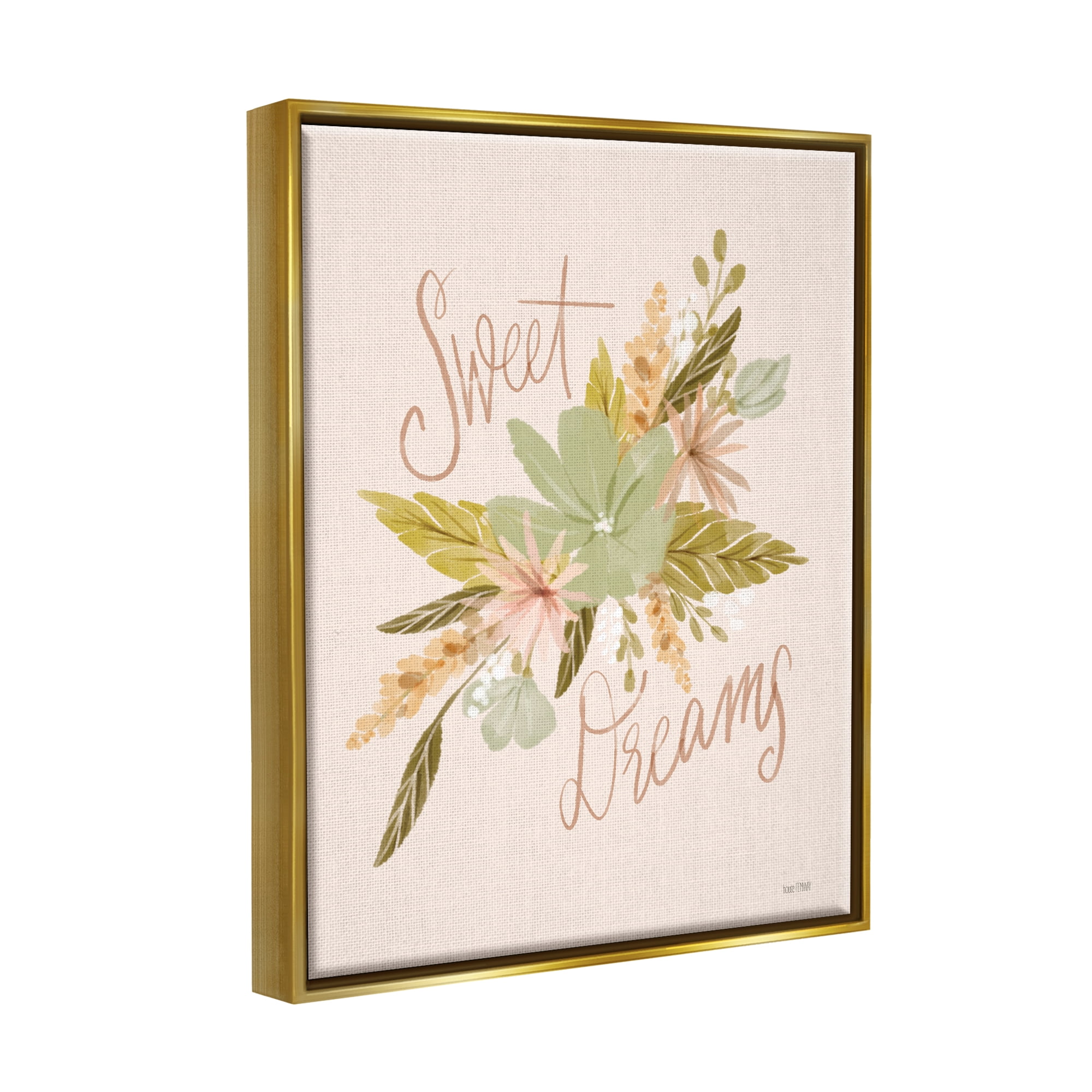 Stupell Industries Sweet Dreams Floral Phrase Botanical & Floral Painting Gold Floater Framed Art Print Wall Art, 25 x 31