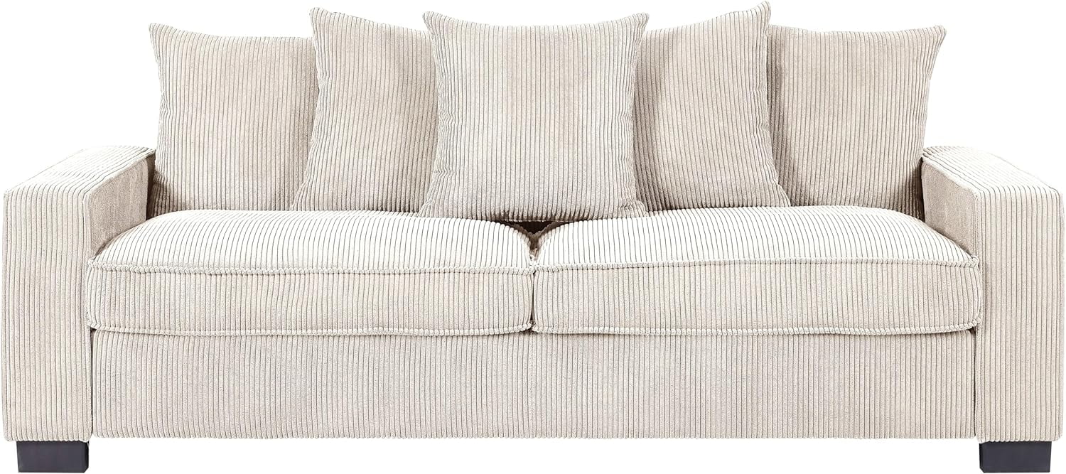 US Pride Furniture Luxe Corduroy Sofa with 5 Matching Toss Pillows Sleek Design Spacious and Comfortable 3 Seater Couch for Modern Living Room White