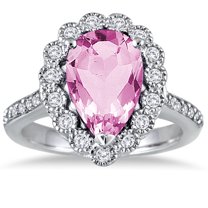 SZUL Women's 5 Carat Pear Shape Pink Topaz and Diamond Ring in 14K White Gold