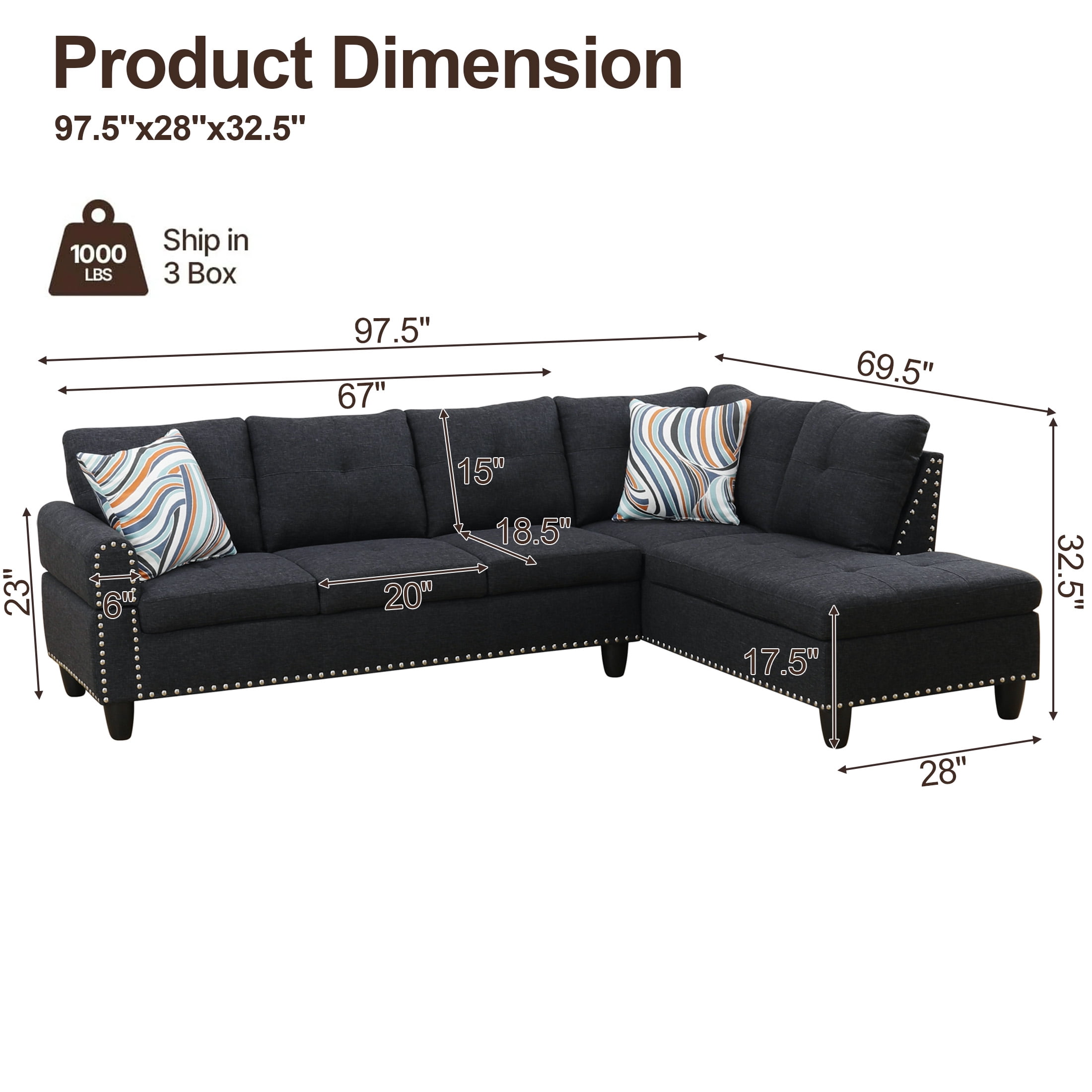 AENKYO 98" L-Shaped Sectional Sofa with Reversible Chaise and Cup Holders, Linen, Black Gray