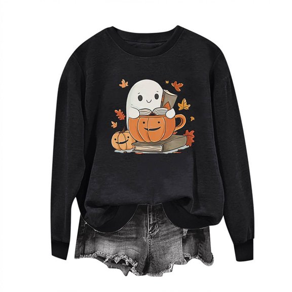 Fjofpr Sweatshirts for Women Loose Fit Halloween Sweatshirt for Women Plus Size Women's Halloween Long-sleeved Crew Neck Pullover Printed Casual Fashion Top