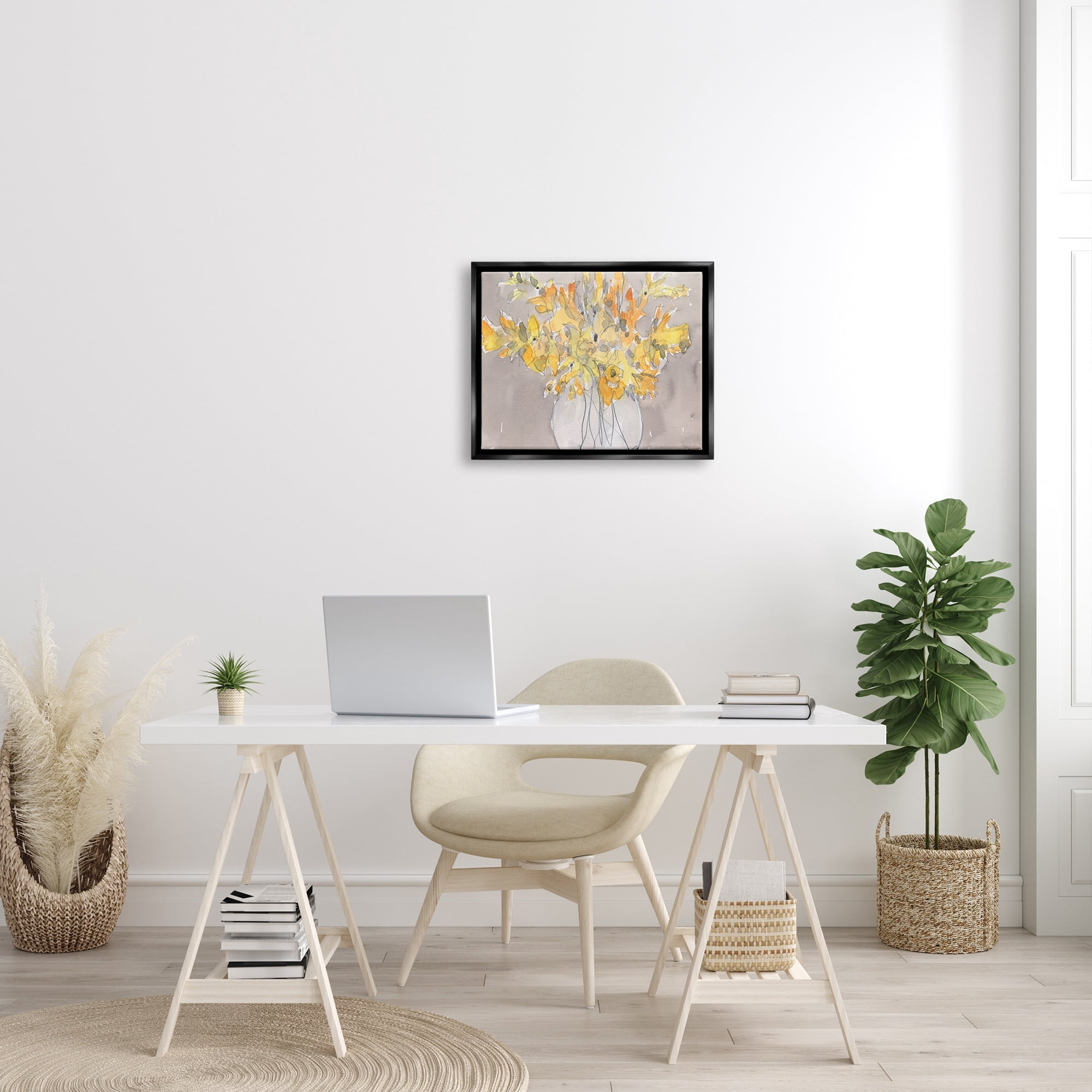 Stupell Industries Modern Yellow Petals Blossoms Floral Arrangement Vase Painting Metallic Gold Floating Framed Canvas Print Wall Art, Design by Samuel Dixon