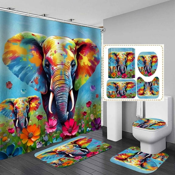 4PCS Funny Elephant Shower Curtain Sets with Rugs, Waterproof Fabric Black Shower Curtain, Watercolor Oil Painting Cute African Wild Animal Wildlife Colorful Bubbles Elephant Bathroom Decor
