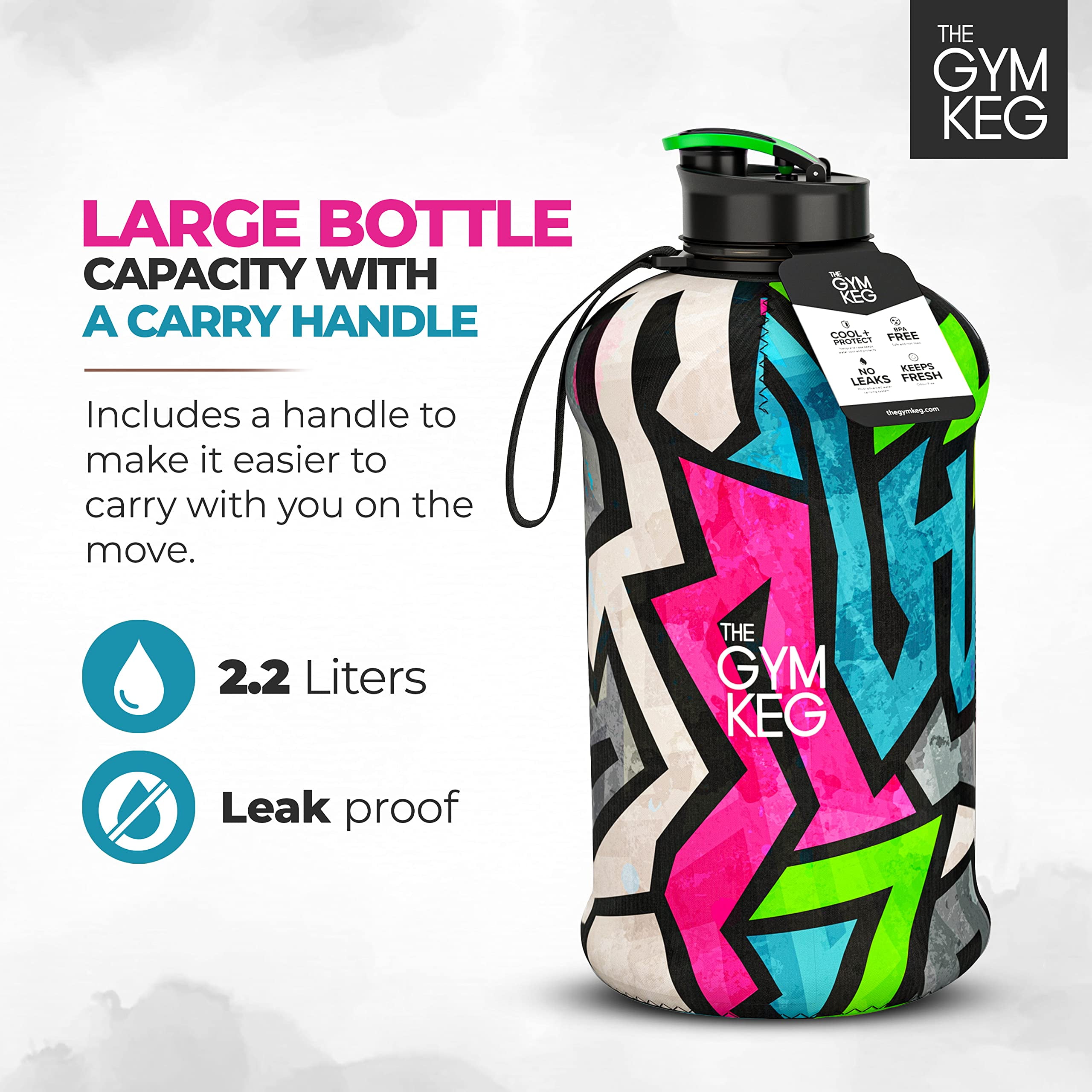  THE GYM KEG Botellas de agua deportivas de 2.2 L aisladas, Medio galón, Jarras de agua grandes para deporte, Botellas de agua  reutilizables