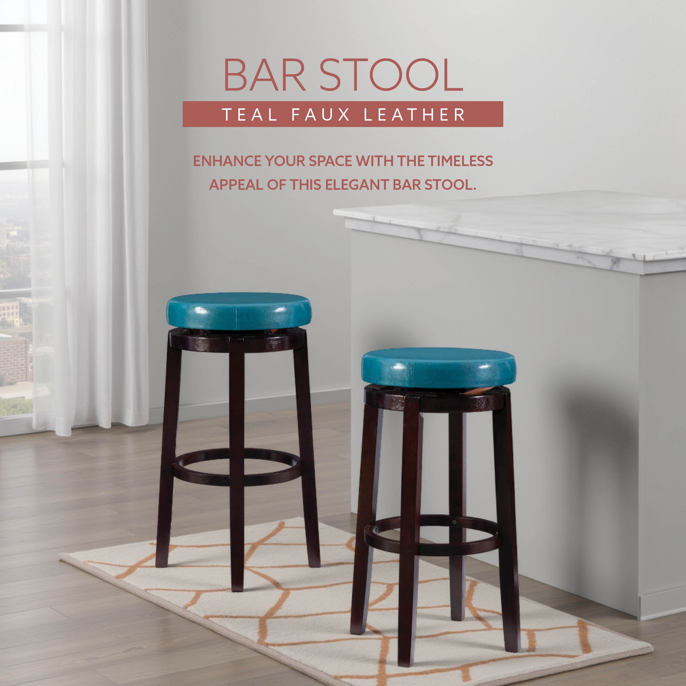 Linon Maya 29" Indoor Backless Wood Swivel Bar Stool, Teal Blue Faux Leather
