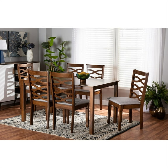 Baxton Studio Lanier Modern and Contemporary Grey Fabric Upholstered and Walnut Brown Finished Wood 7-Piece Dining Set