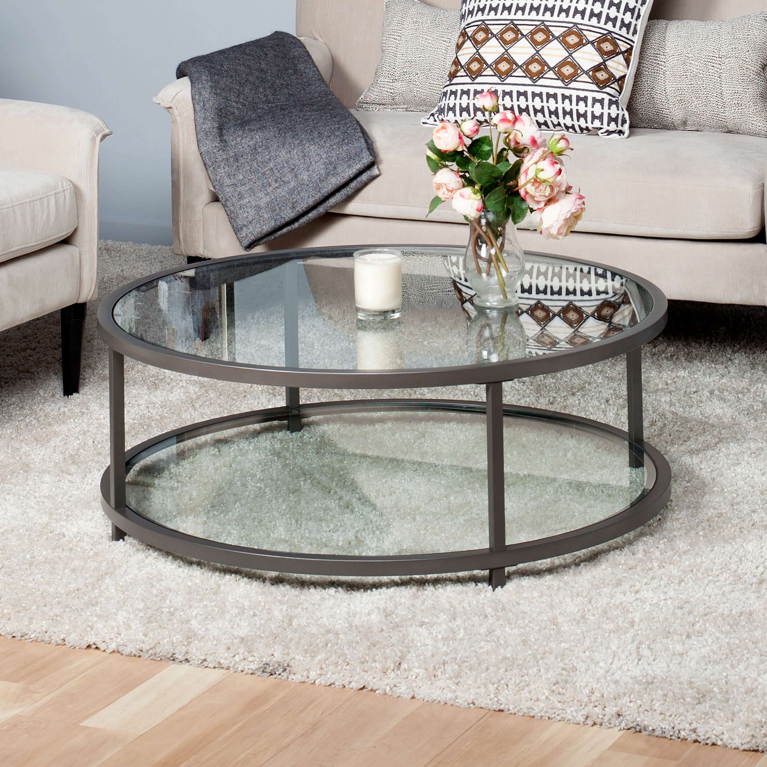 Round Glass Side End Coffee 2 Tier Table Modern Chrome Living Room Furniture