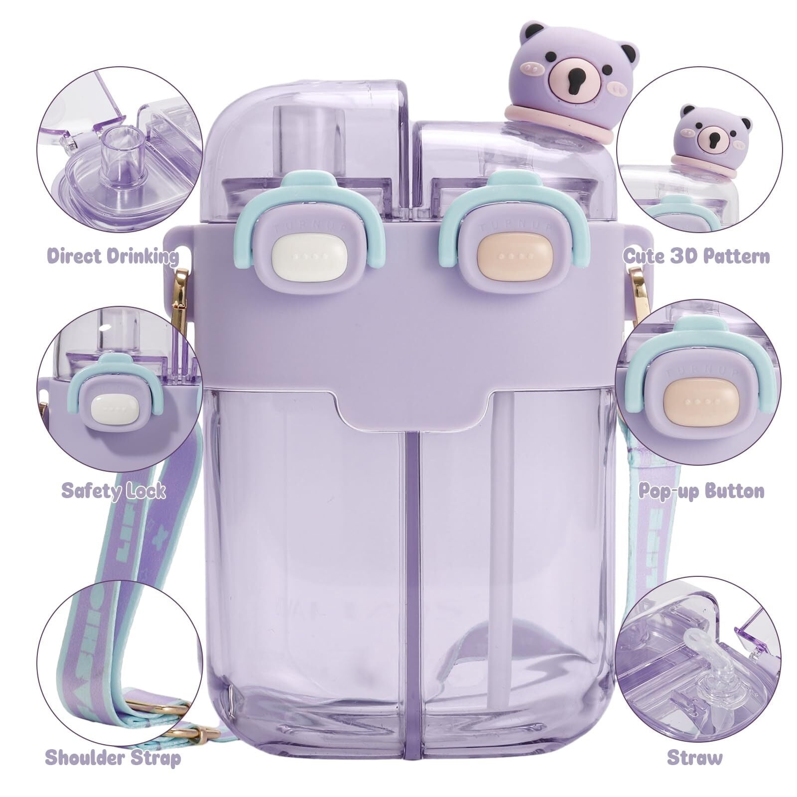 Kawaii Water Bottle, 26oz Cute Water Bottle with Straw, Double Drinking Design, Leakproof, Multiple Locking, 3D-Cartoon Pattern, Portable Water Bootle for Travel, Picnic, Sport (Purple)