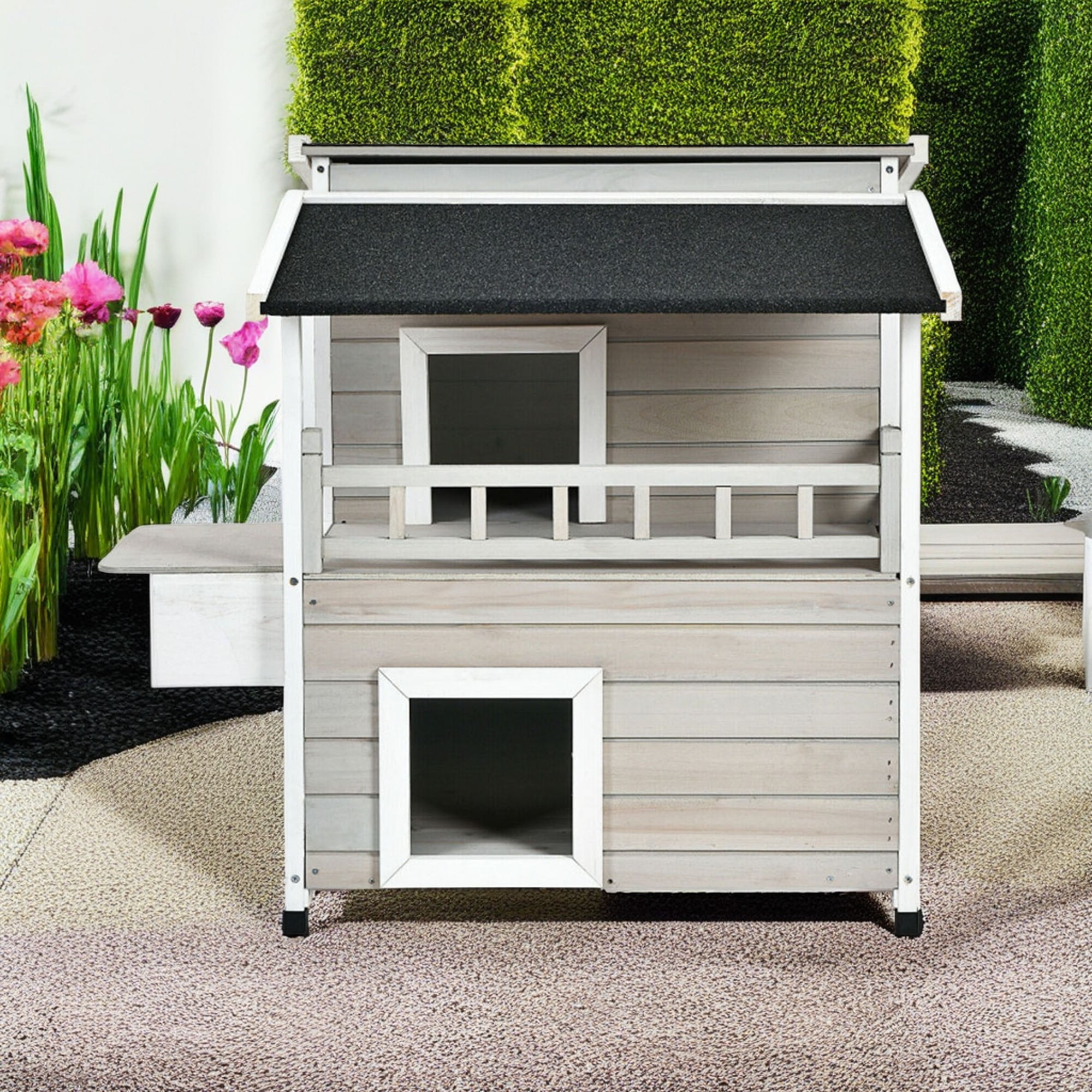 resenkos 36" 2-Story Outdoor Cat House with Large Balcony, Wooden Cat Condo,Patio Cat Shelter Catio for Small Medium Cats, Gray