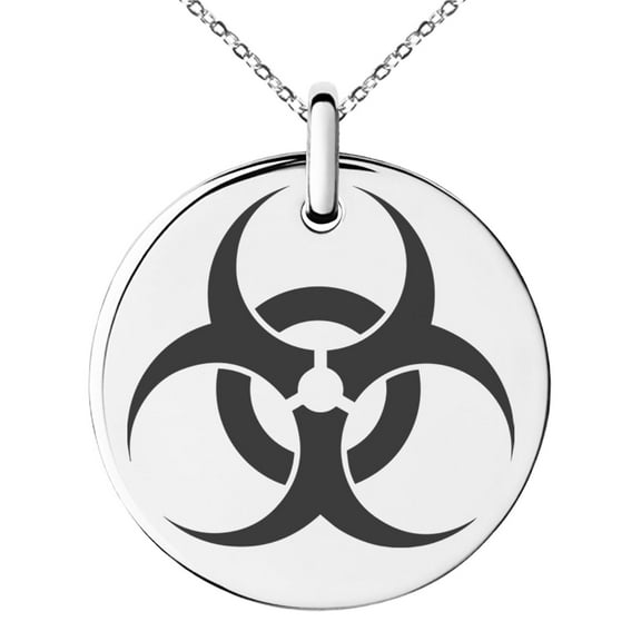 Stainless Steel Biohazard Engraved Small Medallion Circle Charm Pendant Necklace