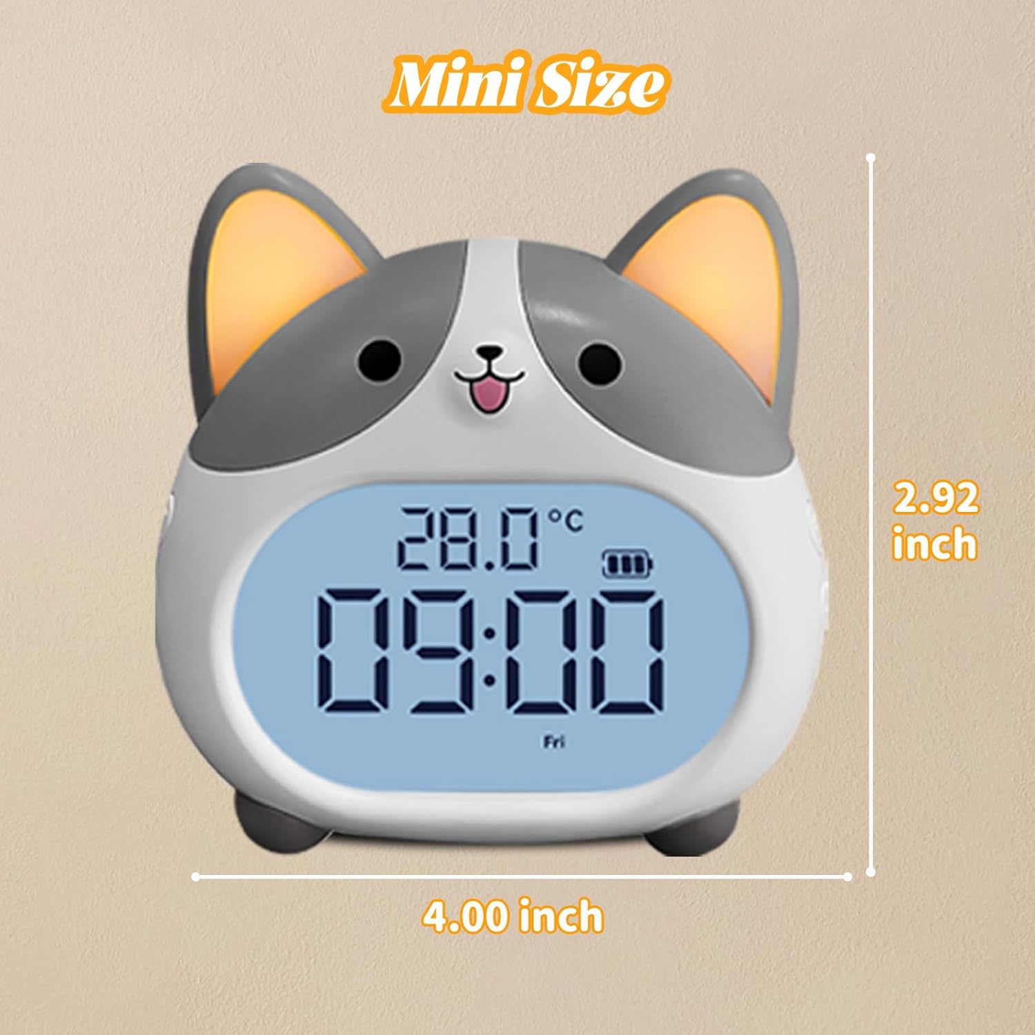 Alarm Clocks for Kids - Cute Dog Clock with Night Light, 6 Alarm Tones, Snooze, Timer, Date and Temperature Display - Rechargeable Battery Operated Digital Clocks for Bedroom Kids Room
