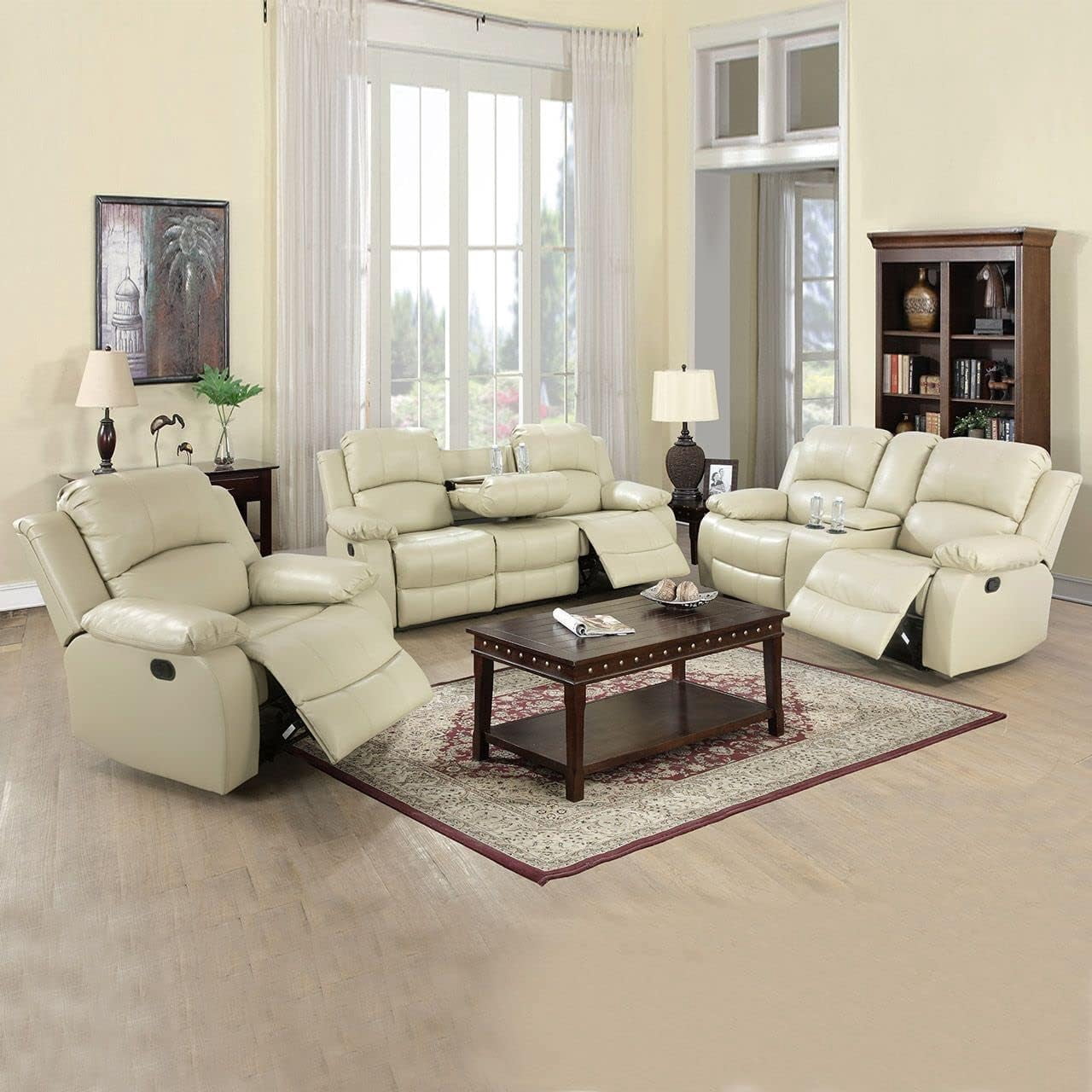 3 Piece Manual Recliner Sofa Couch, Home Theater Seating with Cup Holders, Living Room Furniture Sofa Set for Home Office