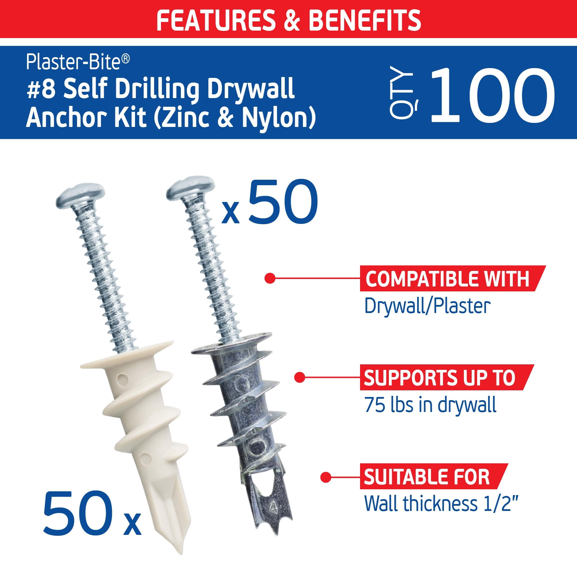 #8 Zinc Plaster Bite Self Drilling Drywall Anchors w/Screws (25 Anchors & 25 Screws) – Heavy Duty Zinc Hollow Wall Anchor Kit for 3/8", 1/2", 5/8" Drywall – 75 lbs Holding Strength
