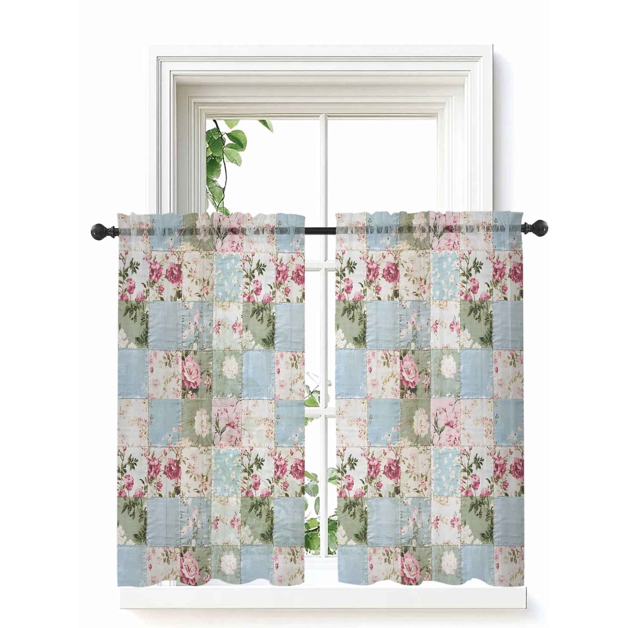 Green Blue Pink Botanical Curtains 54 Inch Length, Sheer Curtains for Bedroom Living Room Window Spring Floral Vintage Rod Pocket Voile Drapes Kitchen Curtains Small Half Window 42"x54" 2 Panels