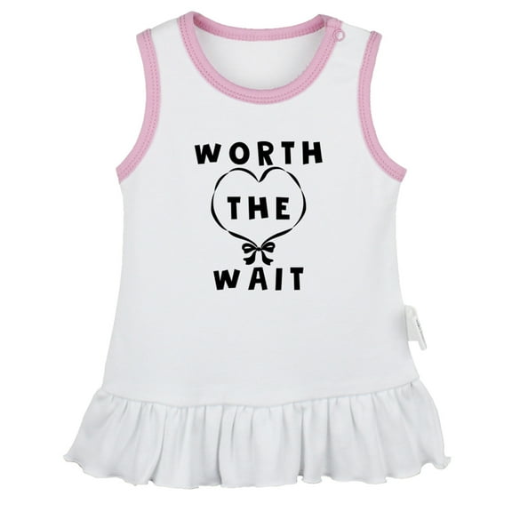 iDzn Worth The Wait Funny Dresses For Baby, Newborn Babies Skirts, Infant Princess Dress, 0-24M Kids Graphic Clothes (White Sleeveless Dresses, 0-6 Months)