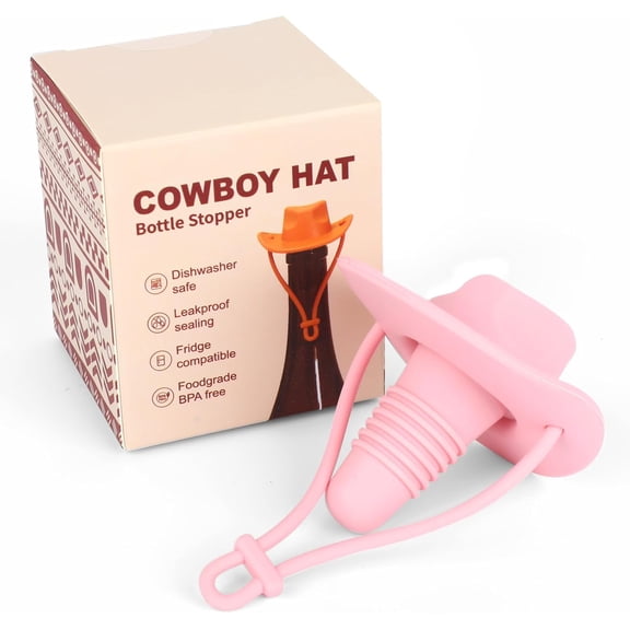 Cowboy Hat Wine Stopper, Novelty Silicone Bottle Sealer Decorative Topper, Kitchen and Home Bar Accessory (Pink)