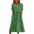 thumbnail image 1 of vestidos estampados vestidos de verano vestidos midi plisados estampados con cuello redondo vestidos básicos clásicos al aire libre diarios vestidos sueltos de manga corta verde / 2xl, 1 of 5