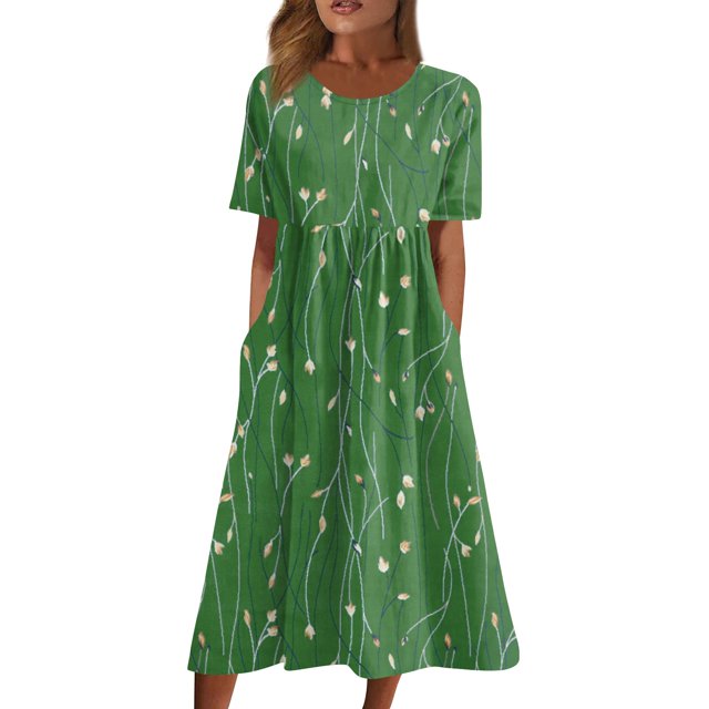 vestidos estampados vestidos de verano vestidos midi plisados estampados con cuello redondo vestidos básicos clásicos al aire libre diarios vestidos sueltos de manga corta verde / 2xl