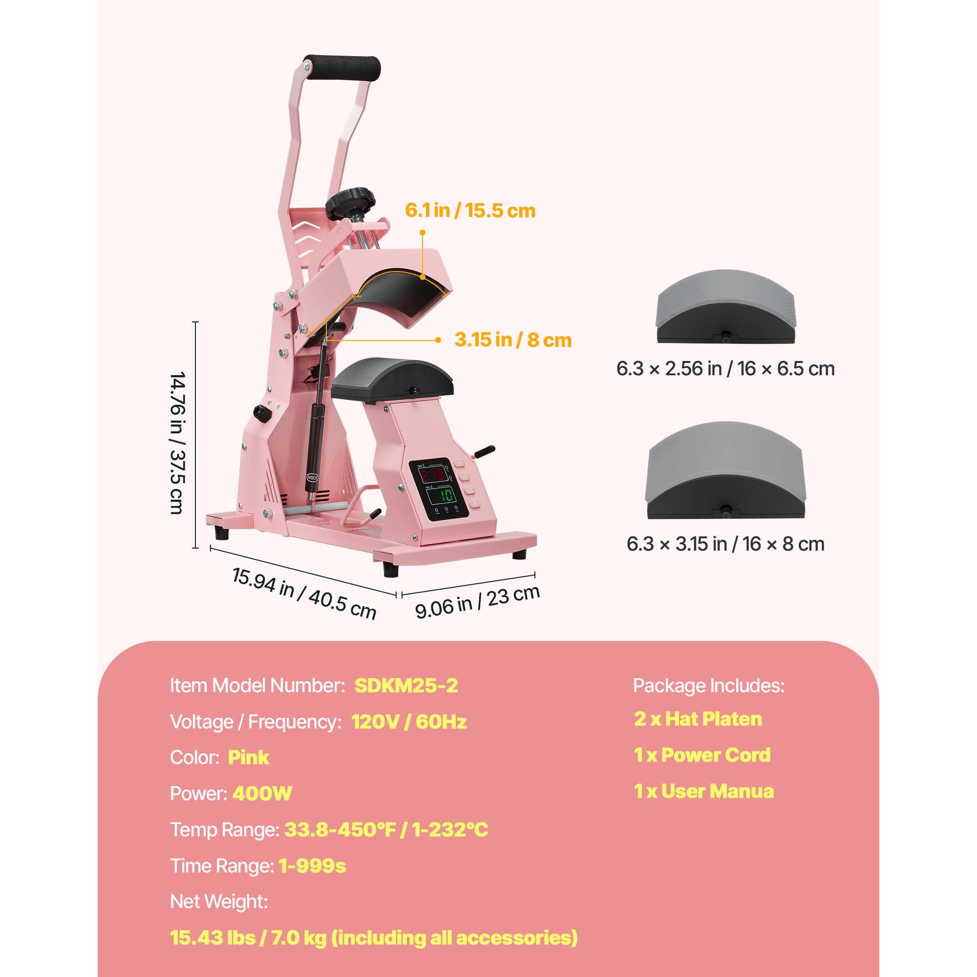 KFFKFF Hat Heat Press Machine with Interchangeable Platens, Accurate Temperature and Time Settings, Ideal for HTV Transfers and Sublimation on Caps, Headbands, Cuffs, Face Masks, Pink