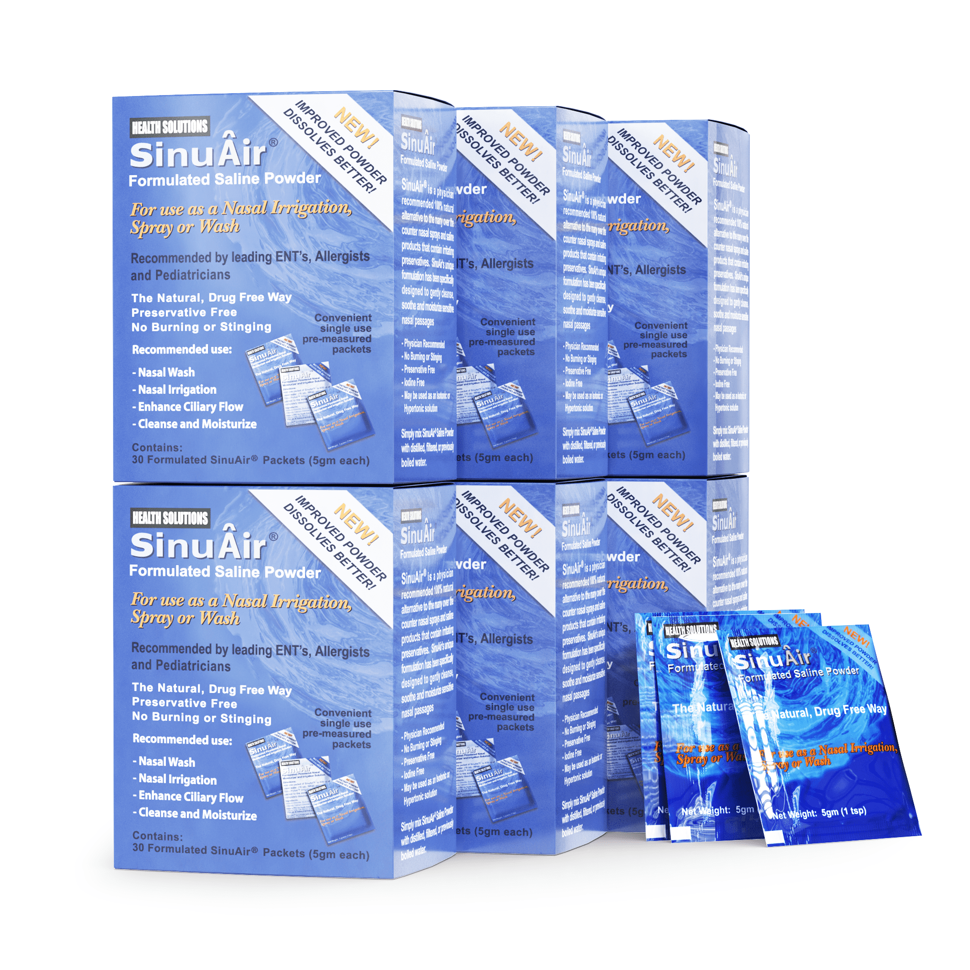 SinuAir Powdered Saline 180 Convenient Packets (6 Boxes)