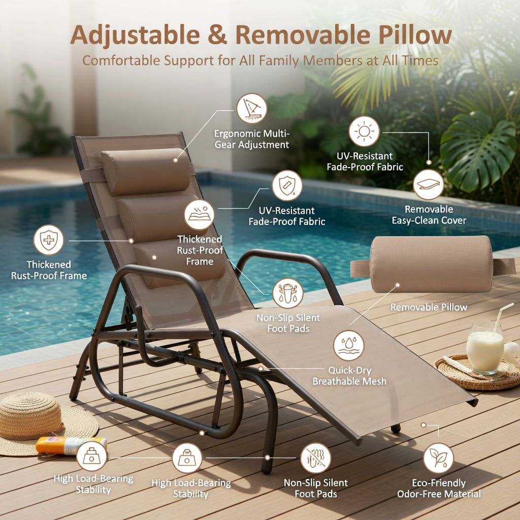 Hommoo Outdoor Chaise Lounge Glider Chair with Adjustable Backrest, Removable Pillow & Quiet Metal Frame, Rustic Brown
