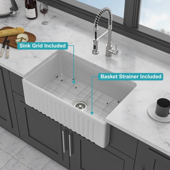 Boyuevi 30" White Farmhouse Sink - 30 x 18 x 10 inch Kitchen Sink Apron-front White Porcelain Ceramic Reversible Single Bowl Kitchen Farm Sinks