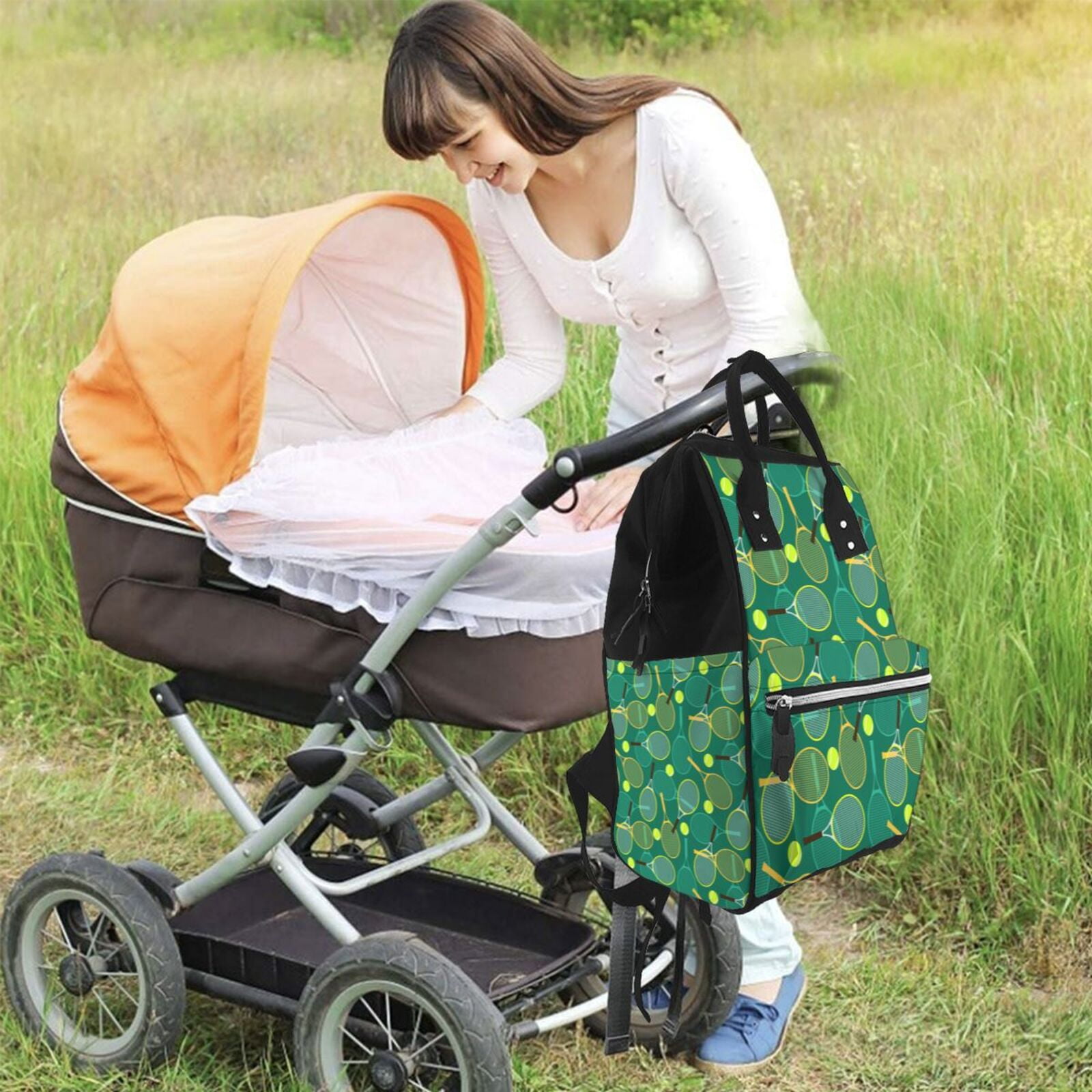 Fuzoiu Tennis Rackets and Balls Print Diaper Bag Backpack,Baby Essentials Travel Tote,Multi function Waterproof Diaper Bag, Travel Essentials Baby Bag - Unisex