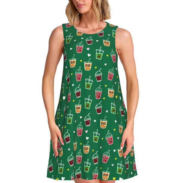 Fotbe Milk Tea3 Vestido de Verano sin Mangas para Mujer – Vestido Midi Línea A, Estilo Camiseta Floral, Vestido Playero Casual y Fluido