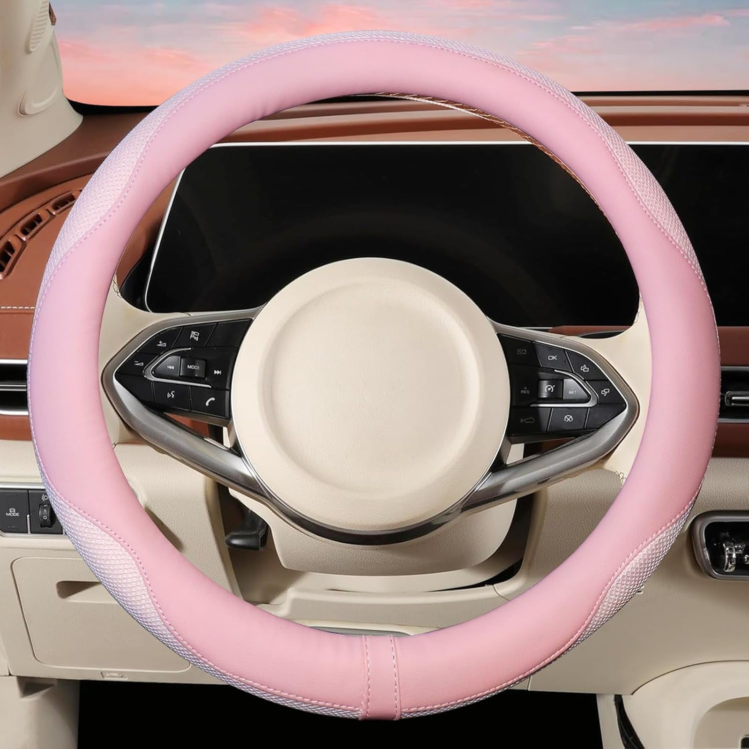 Light Pink Steering Wheel Cover, Breathable Microfiber Leather Anti-Slip Cute Car Steering Wheel Cover for Women, Warm in Winter and Cool in Summer, 15 Inch