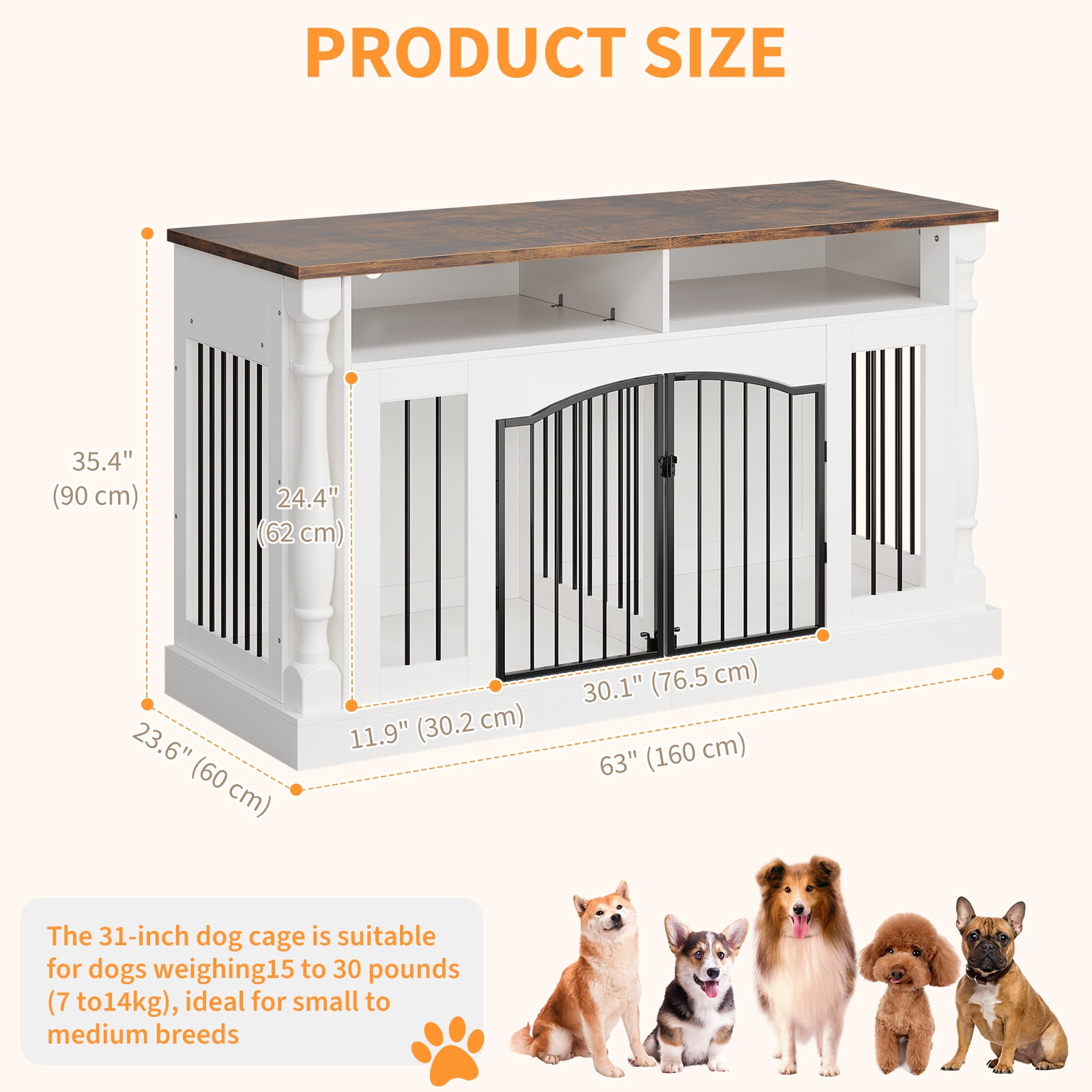 Heavy Duty Double Dog Crate Furniture for 2 Dogs - 63" Wooden Kennel with Roman Column Design - TV Stand & Open Storage, Sliding Barn Doors - For Small & Medium Breeds - Rustic Tiger Wood