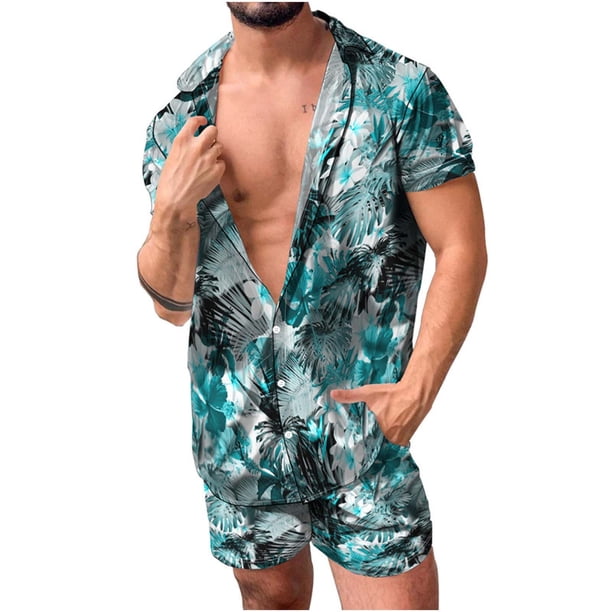 Conjunto casual de blusa y pantalones de playa de manga corta con estampado de botones para hombre Pompotops oipoqjl51599