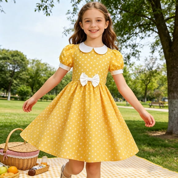 HAYIMI Child Polka Dot Summer Dress For Girls With Collar Short Sleeve Casual Party Wear Toddler Kids Floral Printed A-Line Dresses O-Neck Birthday Sundress