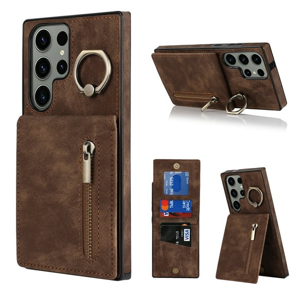 Feishell for Samsung S23 Ultra, Case Wallet with Card Holder Functional Two Way Kickstand Durable Zipper Pocket RFID Blocking Leather Slim Protective Leather for Samsung Galaxy S23 Ultra, Brown