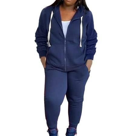 LUXUR Ladies Two Piece Outfit Long Sleeve Sweatsuits Drawstring Tracksuit  Sets Athletic Hooded Sweatshirt+ Pant Hoodies Jogger Set Deep Blue XL 