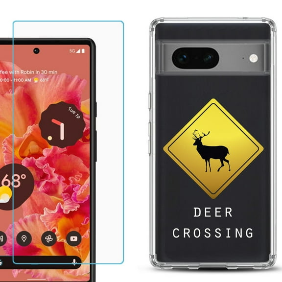Slim-Fit Gel TPU Phone Case for Google Pixel 7, with Tempered Glass Screen Protector, by OneToughShield ® - Road Sign Deer