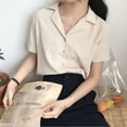 thumbnail image 4 of Camisa de mujer Verano Manga corta Cuello en V Botón Suelto Casual Top, Albaricoque, S tholdsy AP001363-07B, 4 of 7