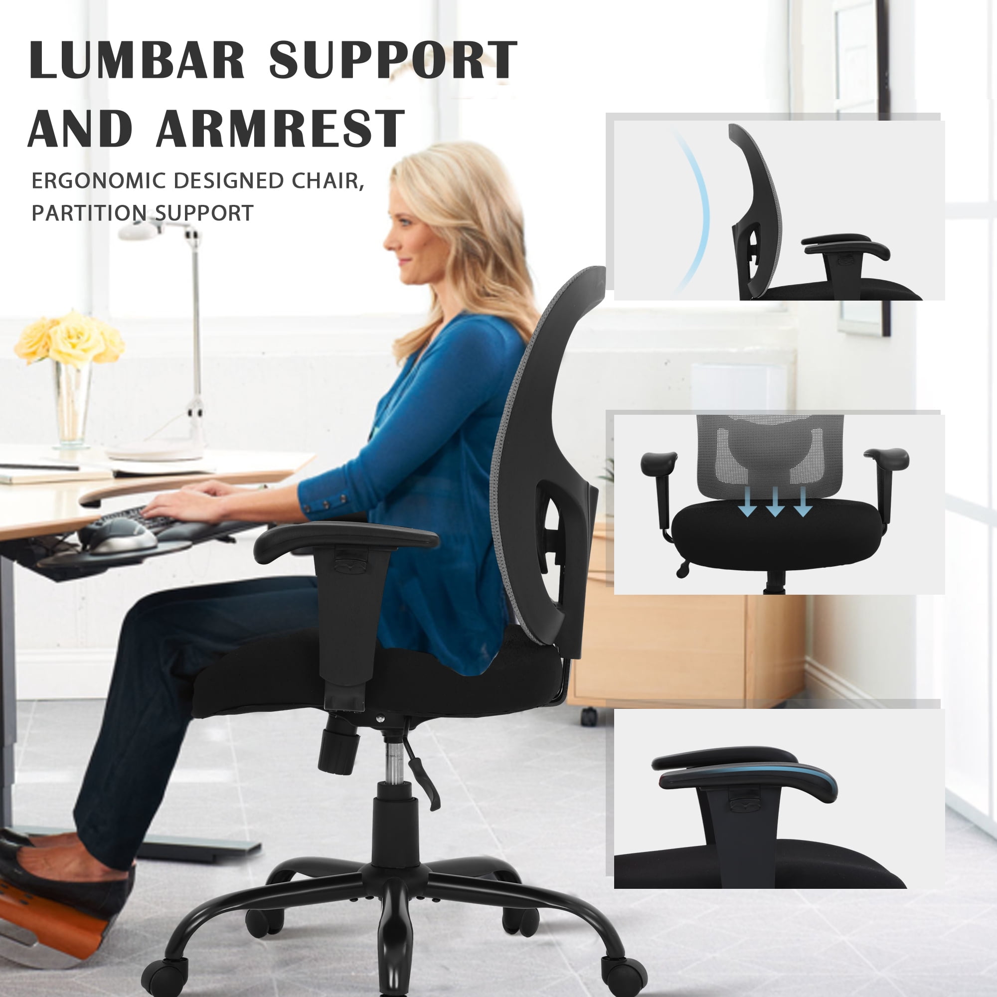 CL.HPAHKL Office Chair Ergonomic Desk Chair, 400lbs Big and Tall Mesh Chair, Computer Chair with Adjustable Arms & Seat Height, Rolling Swivel PC Chair for Home Office, Grey