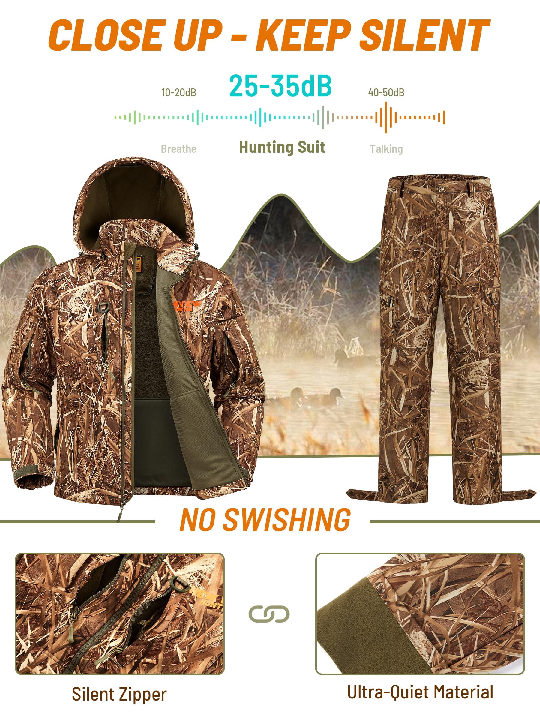 NEW VIEW Camo Hunting Clothes for Men, Quiet Warm Fleece Lining, Cold Weather Duck Hunting Jacket and Pants with Face Mask (Reeds Camo XL)