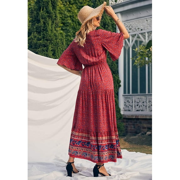 Women's Boho Flared Sleeve Paisley Maxi Dress