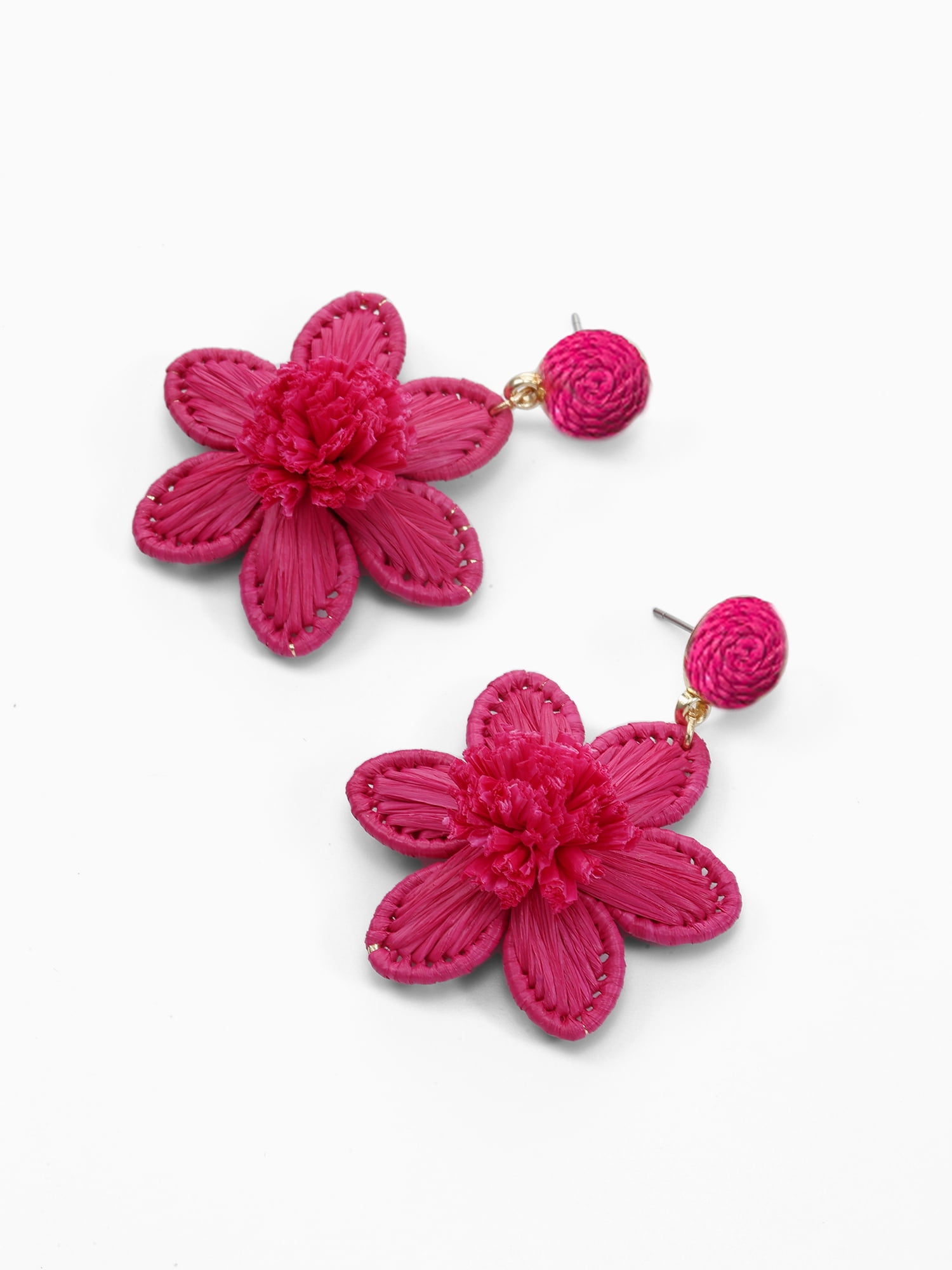 Time and Tru Women's Magenta Raffia Flower Earrings, 1 Pair