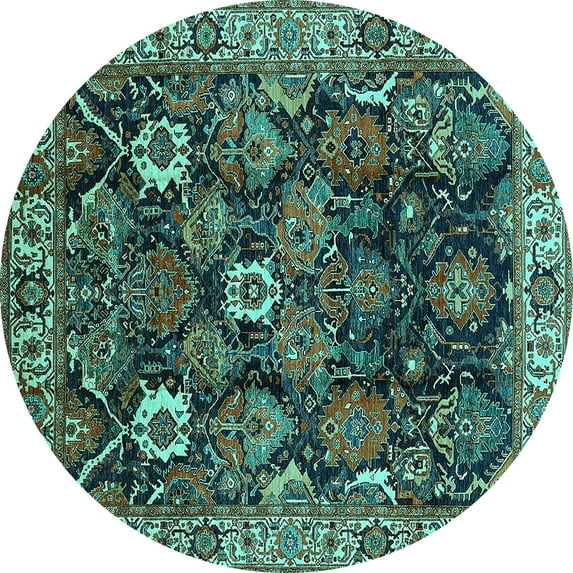 Ahgly Company Machine Washable Indoor Round Oriental Turquoise Blue Traditional Area Rugs, 8' Round