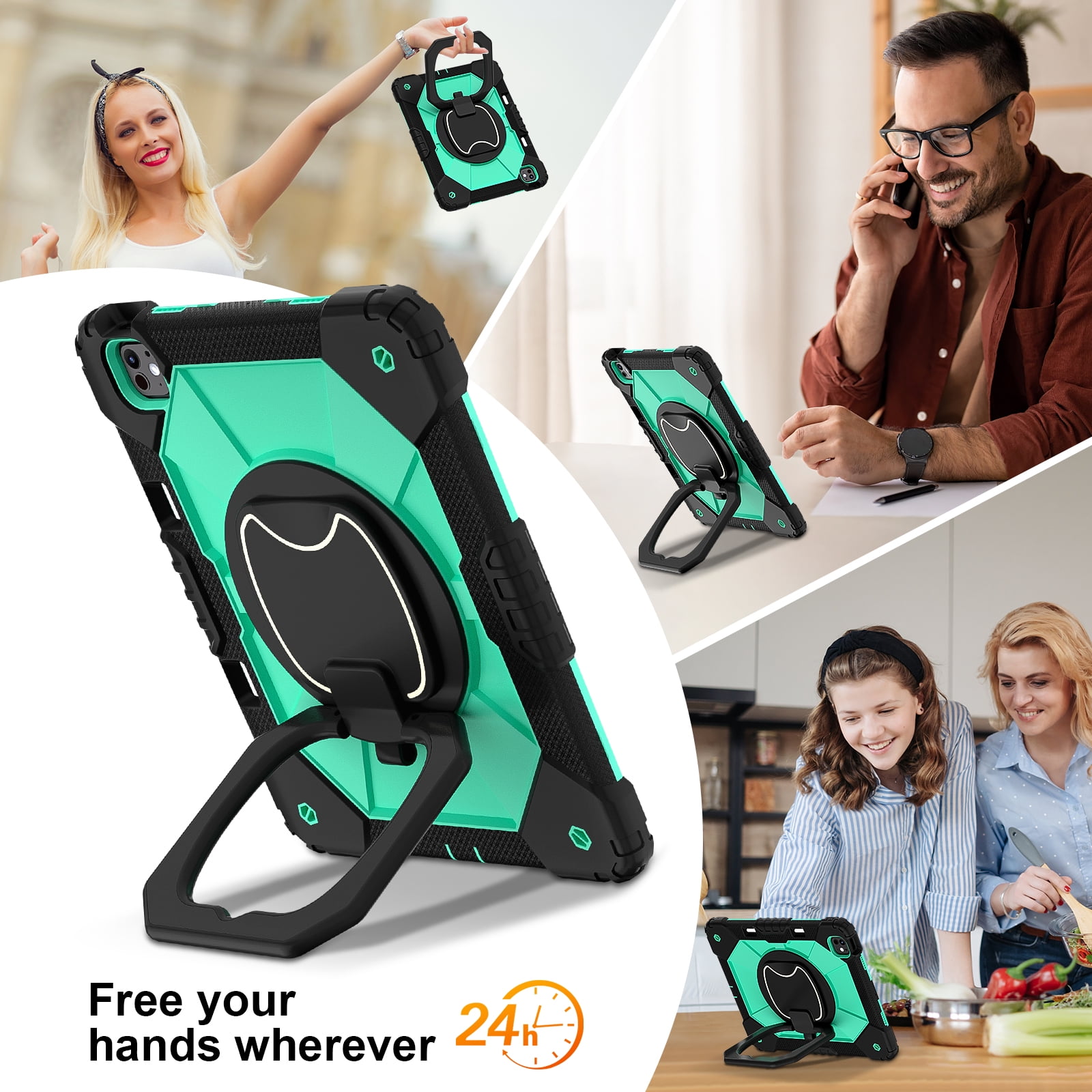 Decase Kids Case for Apple iPad Pro 13 13-inch (M5)(M4) 2025/2024,Shockproof Rotatable Stand Cover,Detachable Shoulder Strap,Rugged 3-Layer Tablet Shell with Pen Holder,Black+Mint
