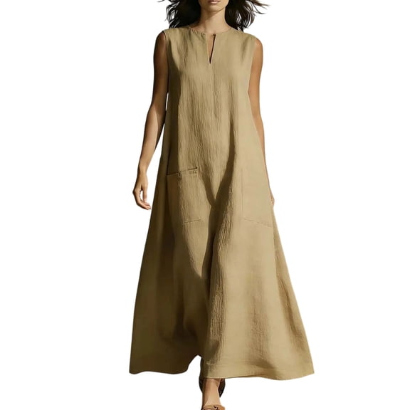 aohooy Womens Notch V Neck Tank Summer Dresses with Pockets Cotton Sleeveless Casual Dressy Sun Dress for Beach Vacation Travel Khaki,S