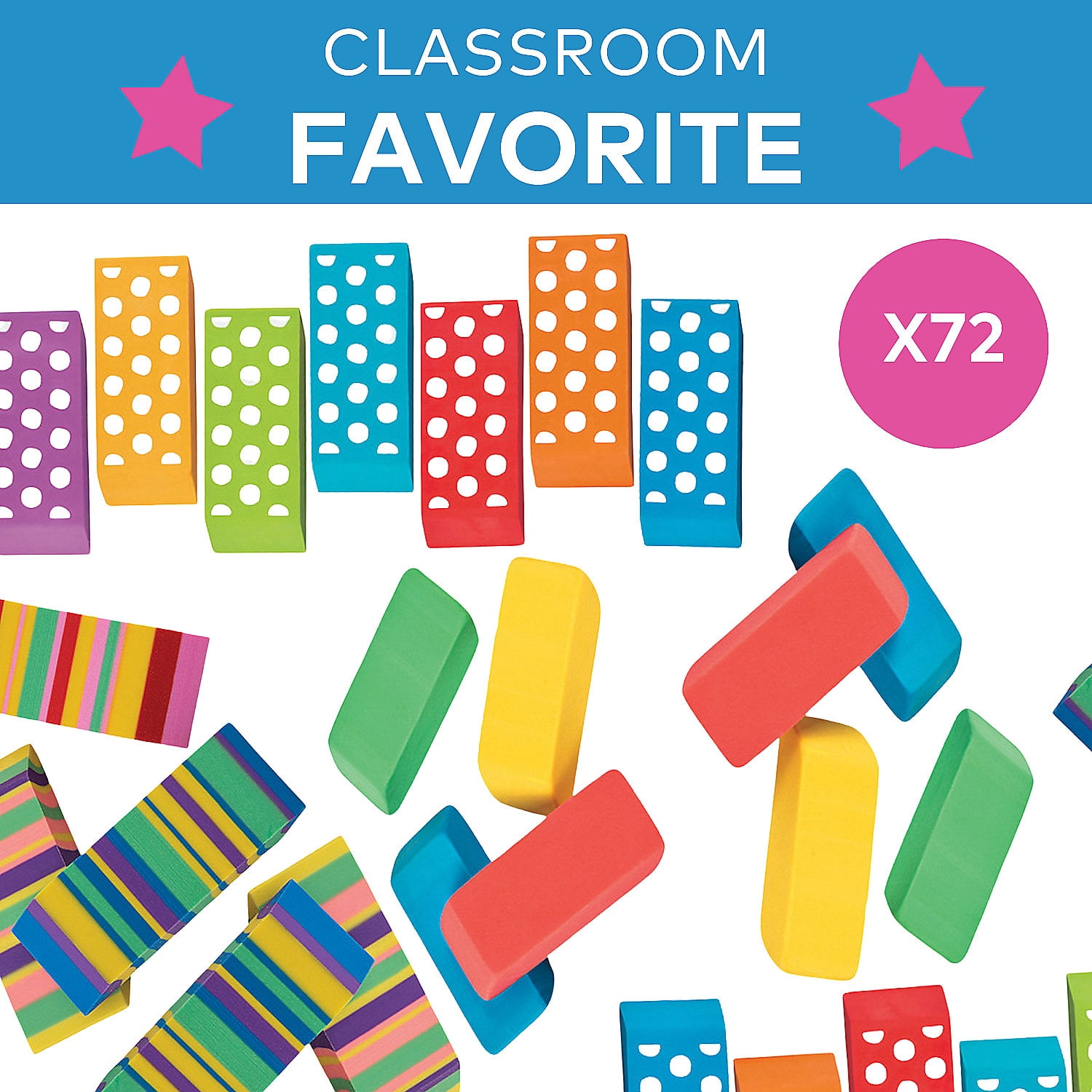 Fun Express Beveled Eraser Assortment Bulk 72 Pc